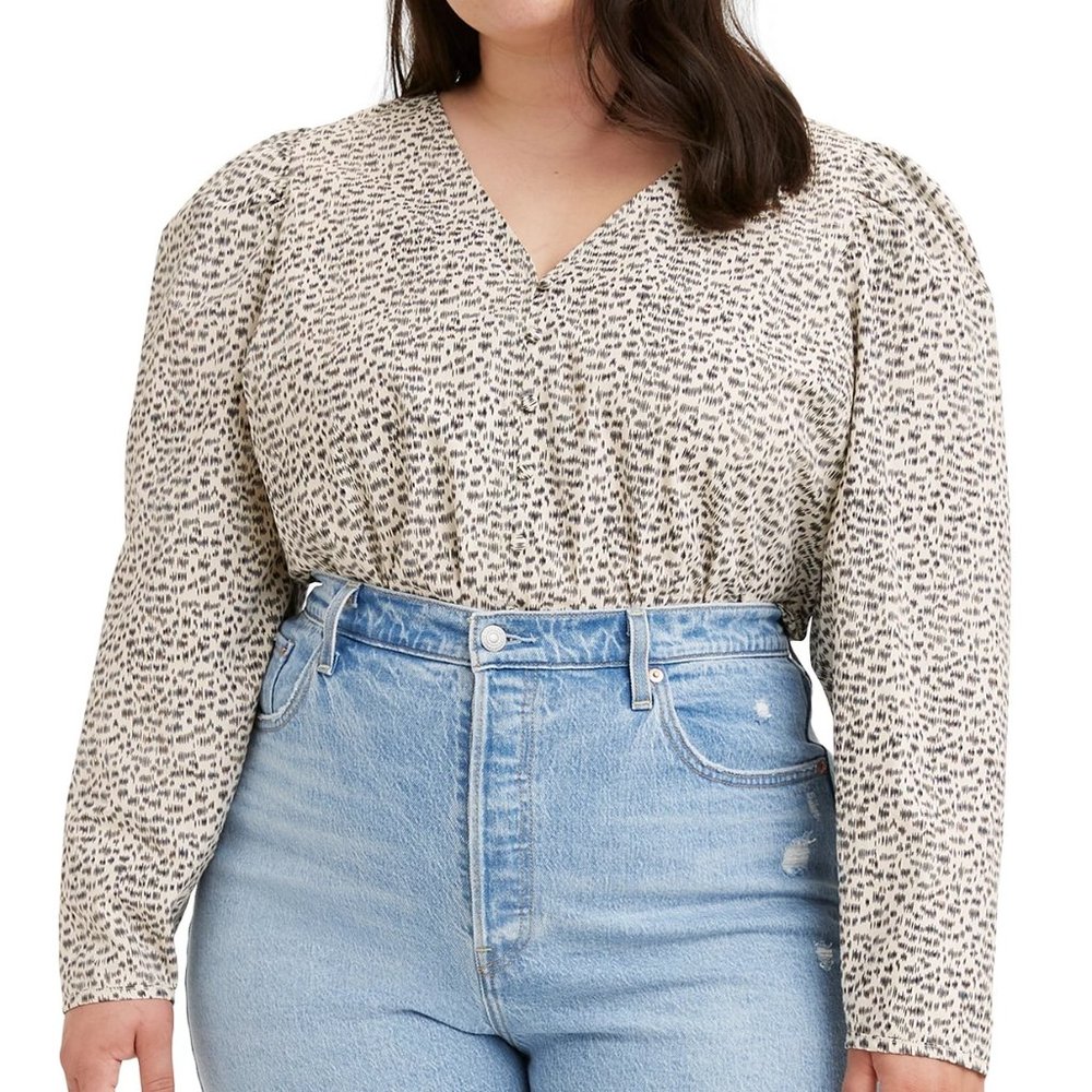 Levi's Teegan Notch Print Cotton Blouse in Sandahell Black & Cream Sz XL NWT